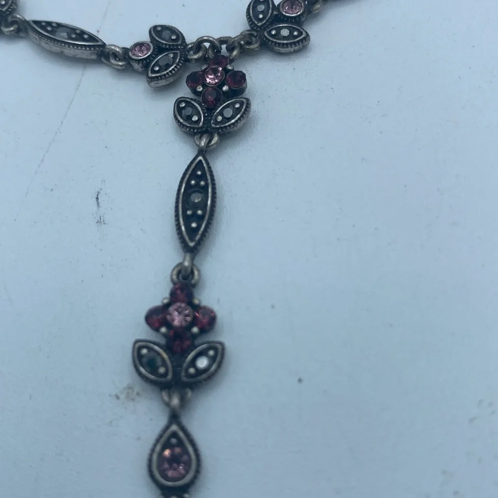 VTG Silverplate purple amethyst color crystal Y drop necklace 11”